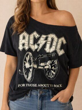 AC/DC "For Those About to Rock" graphic band t-shirt Black XL Neckband cut out